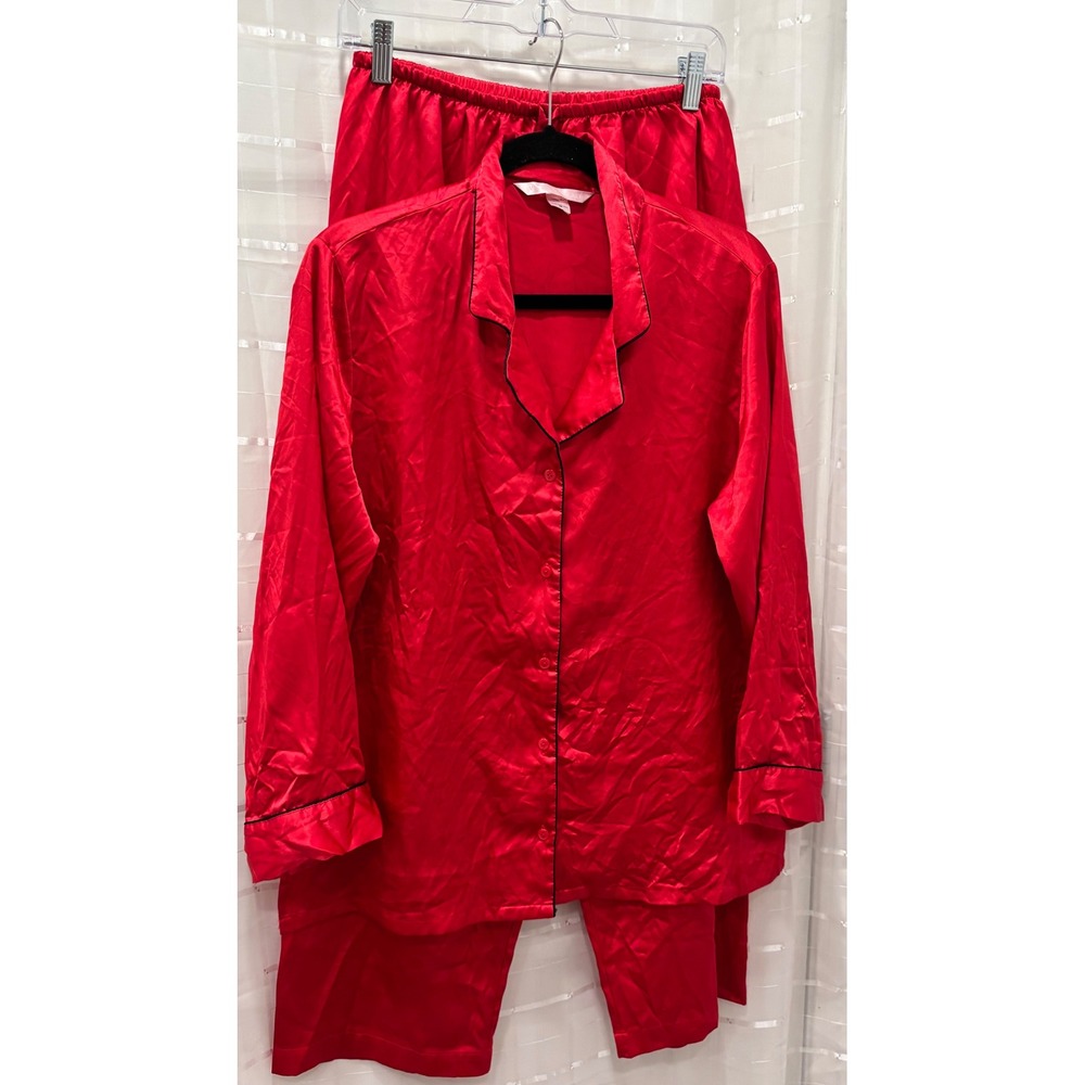 Victorias Secret Red Satin Pajama Set Womens Medium Button Up Top Pants 2 Piece